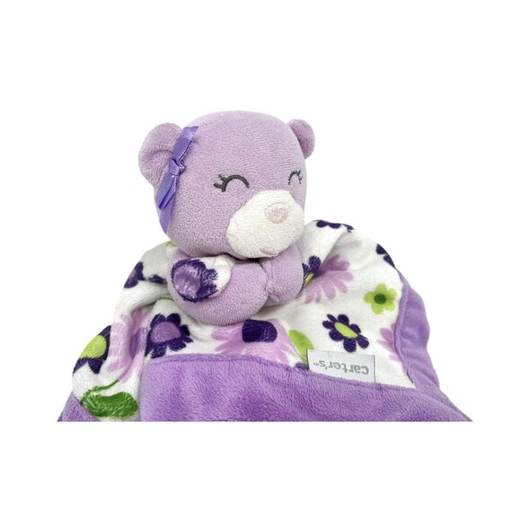 Carters Purple Bear Floral Security Blanket Baby Lovey 13x13 Inches Blankie - Picture 6 of 15